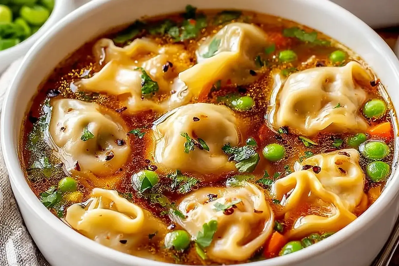 Bowl of Potsticker Soup filled with tender dumplings, peas, carrots, herbs, and a rich savory broth.