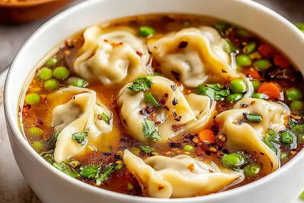 Close-up bowl of Potsticker Soup filled with tender dumplings, vegetables, fresh herbs, and spicy chili flakes in a flavorful broth.