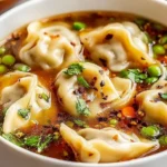 Close-up bowl of Potsticker Soup filled with tender dumplings, vegetables, fresh herbs, and spicy chili flakes in a flavorful broth.