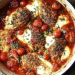 Garlic Tomato Chicken with Mozzarella simmering in a rich tomato sauce with cherry tomatoes, melted cheese, and fresh herbs in a rustic skillet.