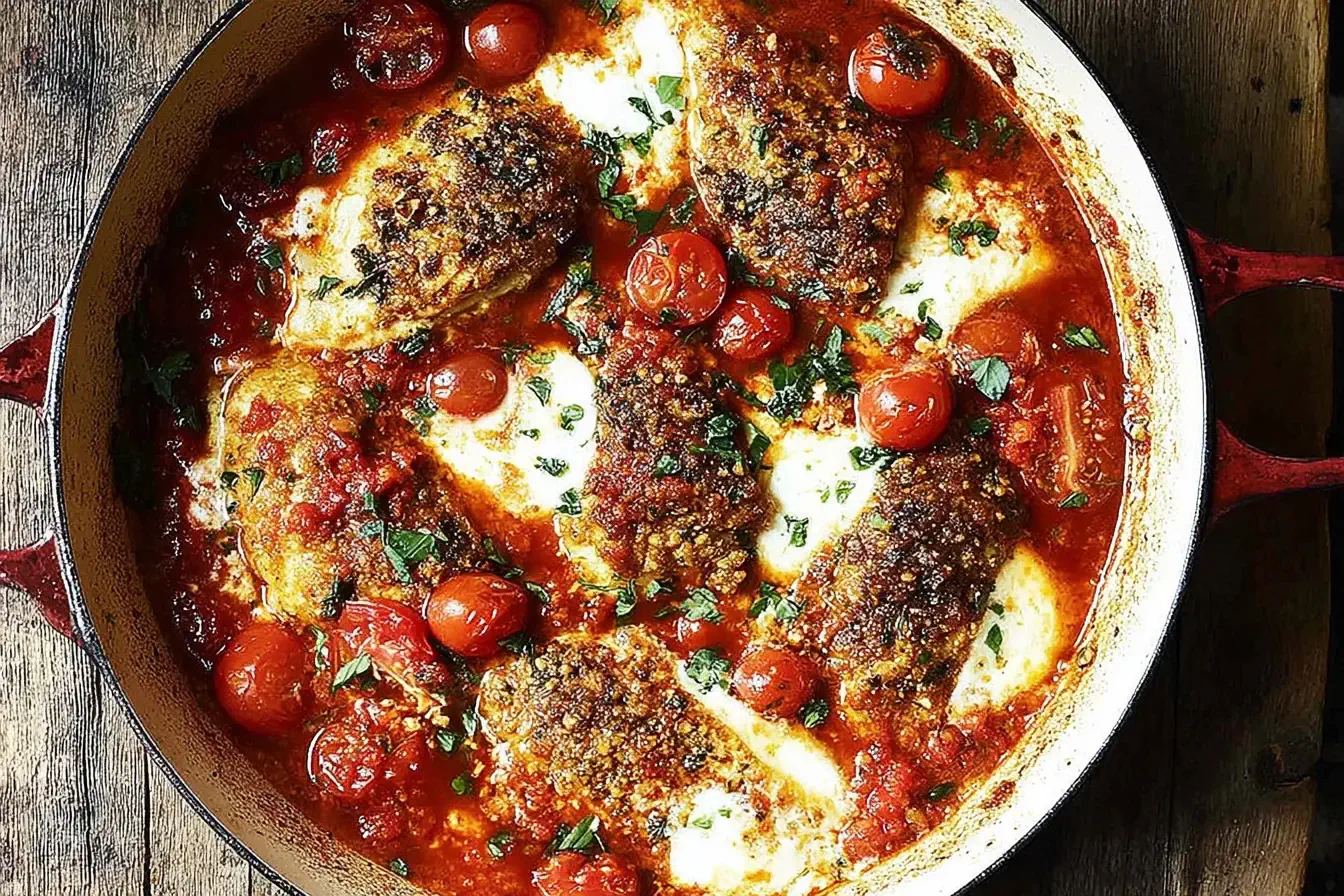 Garlic Tomato Chicken with Mozzarella simmering in a rich tomato sauce with cherry tomatoes, melted cheese, and fresh herbs in a rustic skillet.