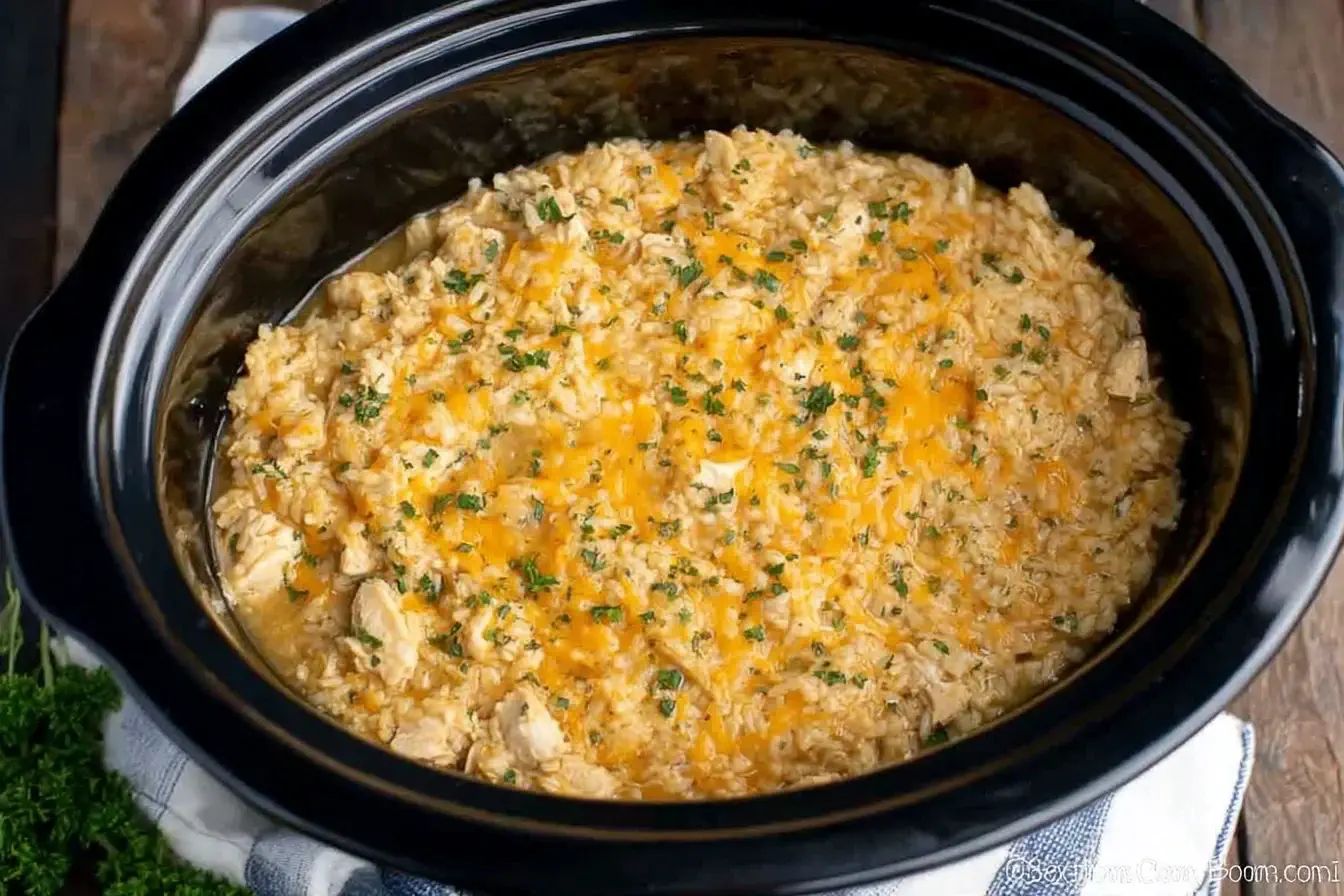 Creamy Crock Pot Chicken and Rice in a slow cooker topped with melted cheddar cheese and fresh herbs