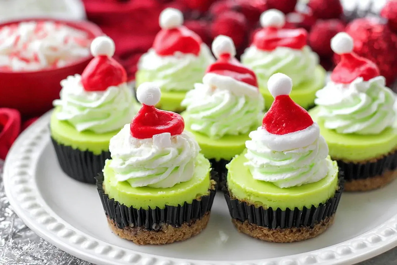 Grinch Mini Cheesecakes topped with whipped cream and festive red Santa hats on a holiday dessert plate.