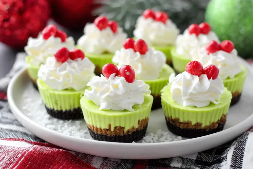 Grinch Mini Cheesecakes topped with whipped cream and red candy berries on a holiday plate.