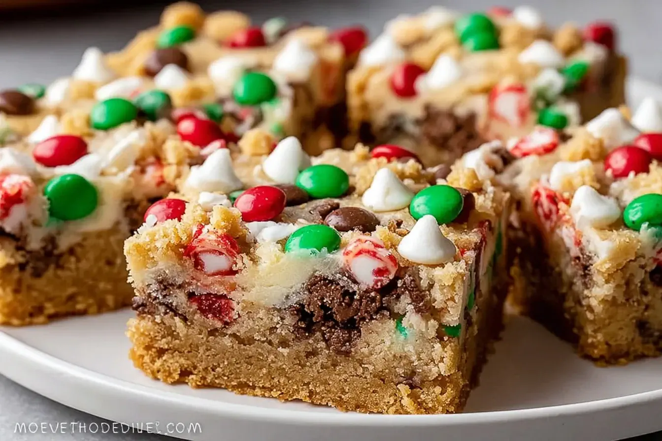 Christmas Cookie Bars topped with red and green candies and white chocolate chips, showing a soft, chewy holiday dessert cut into squares.