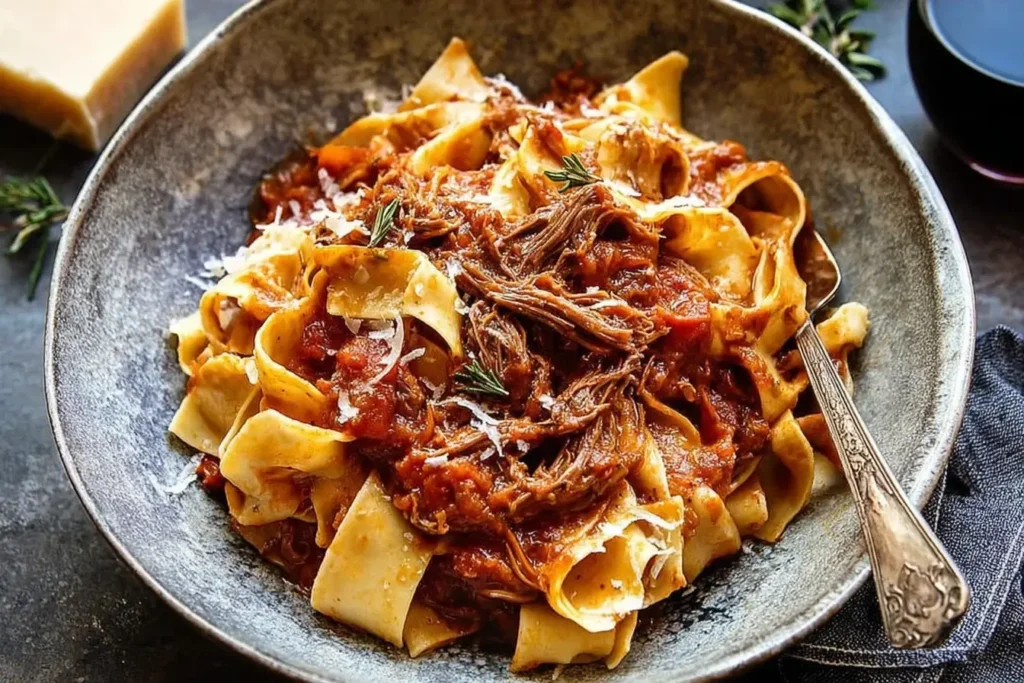 Slow Cooker Italian Beef Ragu served over pappardelle pasta with Parmesan and fresh herbs