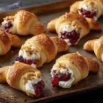 Golden, flaky Cranberry Cream Cheese Crescent Bites filled with creamy cheese and tangy cranberry sauce on a baking tray.