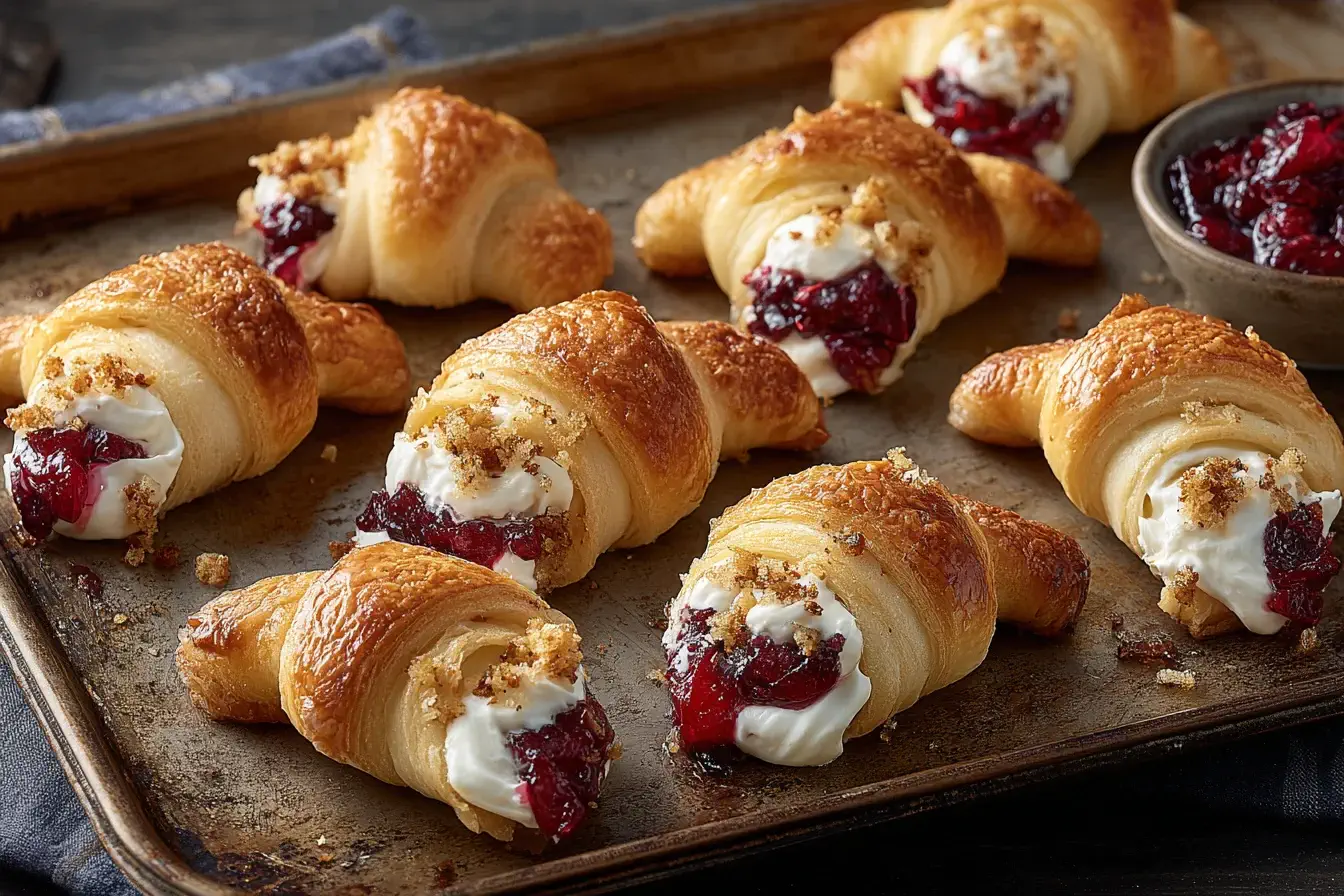 Golden, flaky Cranberry Cream Cheese Crescent Bites filled with creamy cheese and tangy cranberry sauce on a baking tray.