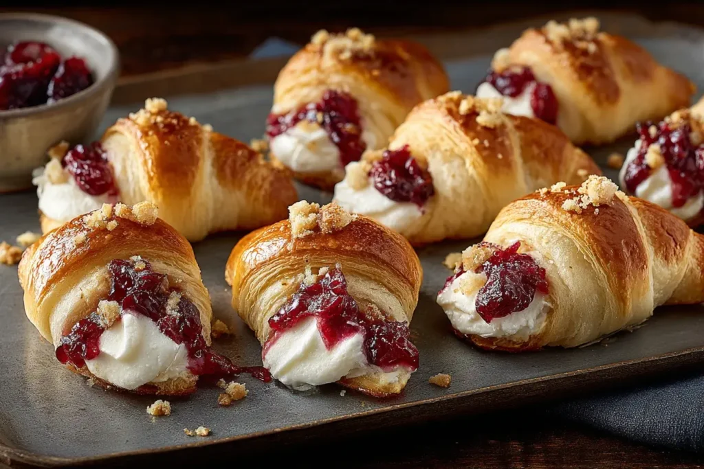 Freshly baked Cranberry Cream Cheese Crescent Bites filled with creamy cheese and cranberry sauce on a baking sheet, ready to serve.