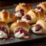 Freshly baked Cranberry Cream Cheese Crescent Bites filled with creamy cheese and cranberry sauce on a baking sheet, ready to serve.
