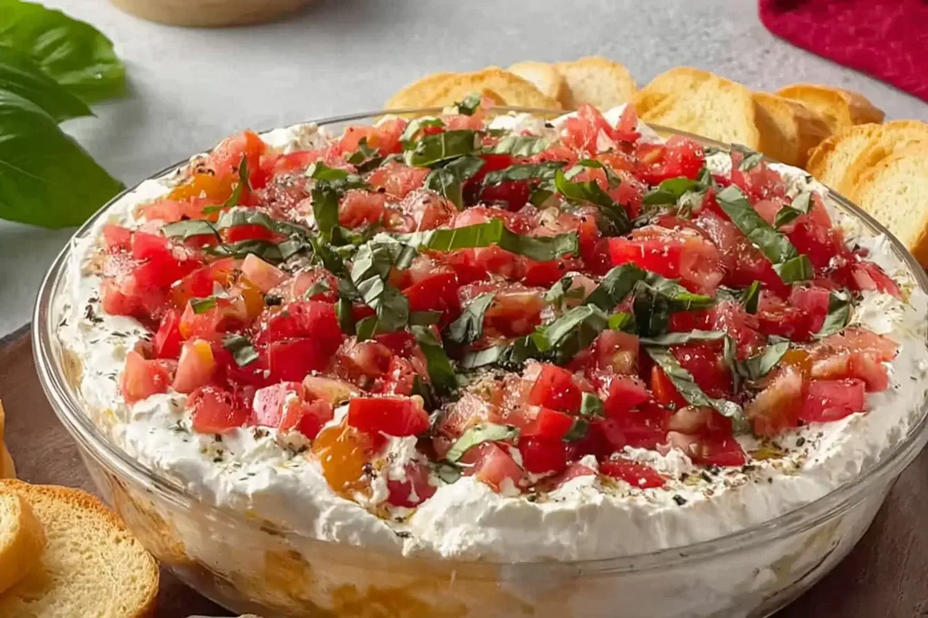 Bruschetta Dip layered with creamy cheese, fresh tomatoes, basil, and garlic served with toasted baguette slices.