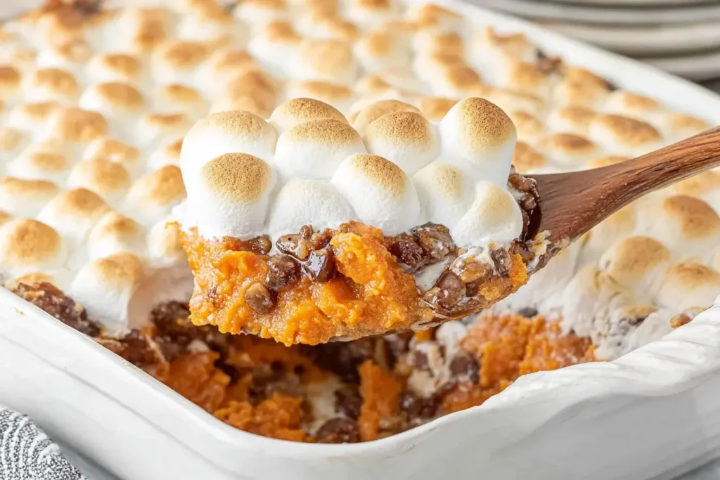 Spoonful of creamy Sweet Potato Casserole with Marshmallows topped with toasted marshmallows and crunchy pecans.