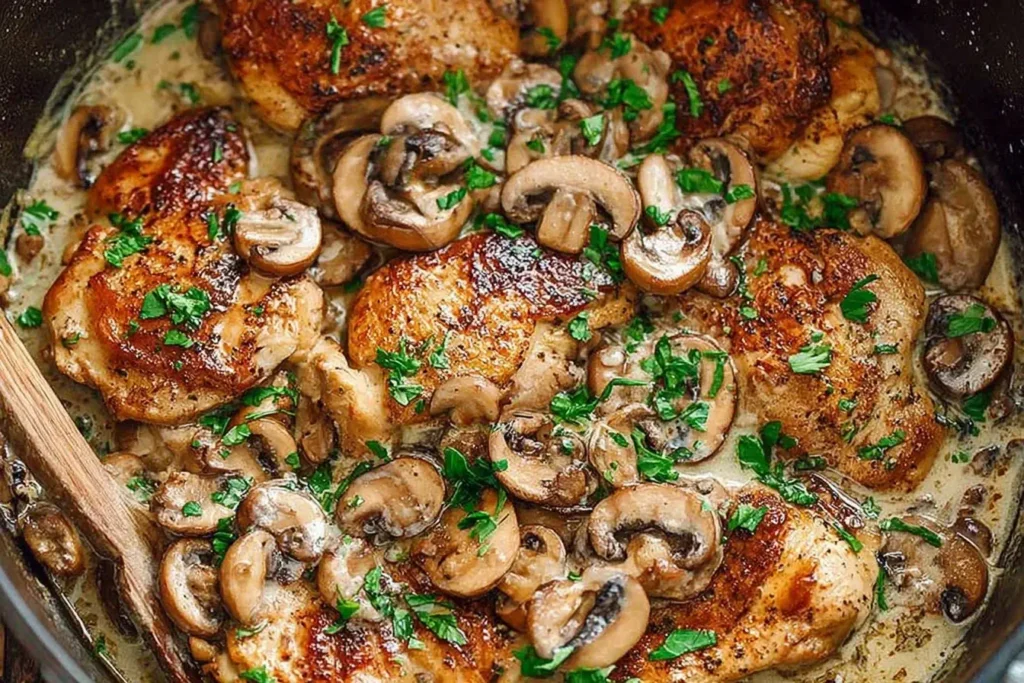 Creamy Crock Pot Chicken Marsala with golden seared chicken and mushrooms simmered in a rich creamy Marsala sauce, topped with fresh herbs.
