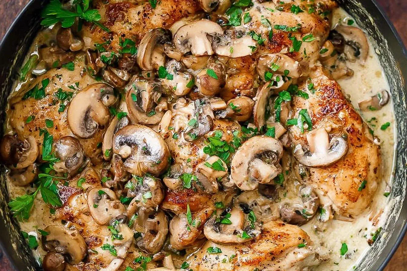 Creamy Crock Pot Chicken Marsala with tender seared chicken breasts in a rich creamy Marsala mushroom sauce topped with fresh parsley.