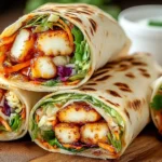 Sweet Chili Halloumi Wraps with crispy halloumi, fresh veggies, and vibrant chili sauce wrapped in a soft tortilla.