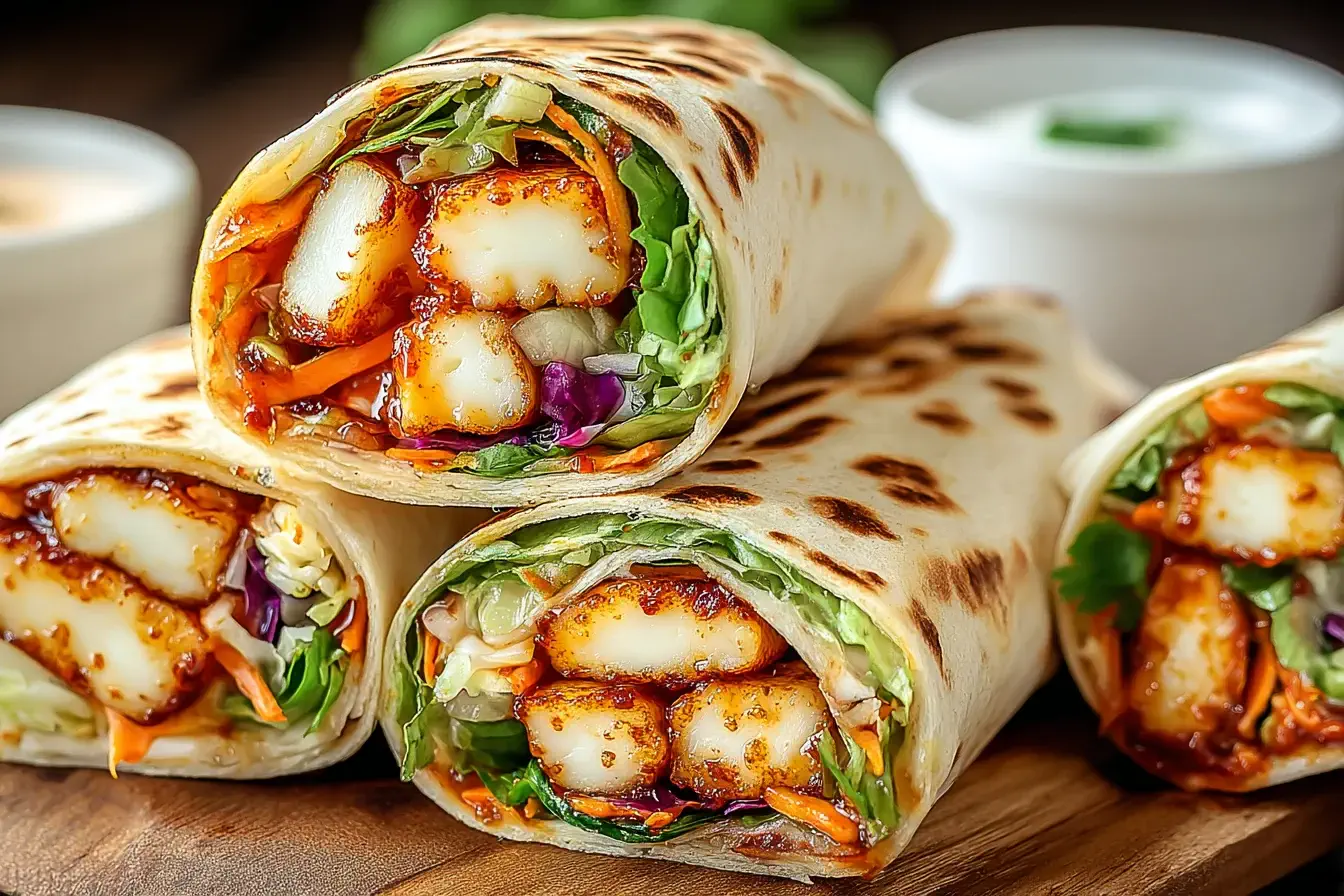 Sweet Chili Halloumi Wraps with crispy halloumi, fresh veggies, and vibrant chili sauce wrapped in a soft tortilla.