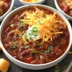 Bowl of the Best Beef Chili topped with cheese, sour cream, and jalapeños, surrounded by cornbread bites and fresh herbs.