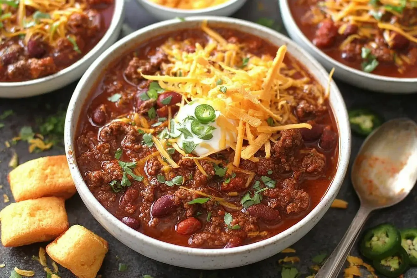 Bowl of the Best Beef Chili topped with cheese, sour cream, and jalapeños, surrounded by cornbread bites and fresh herbs.