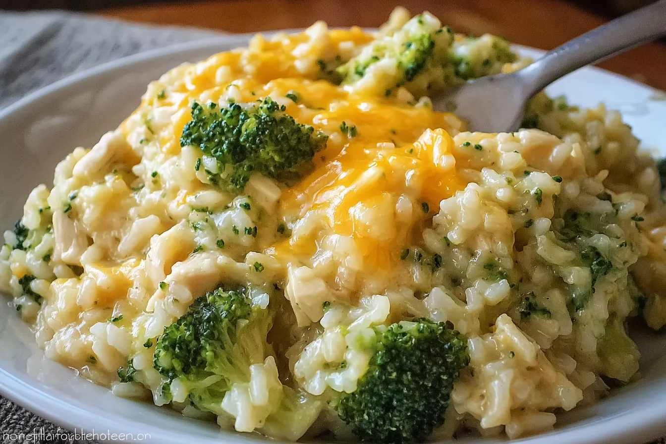 Crockpot Cheesy Chicken Broccoli Rice served on a plate with creamy rice, melted cheddar, tender chicken, and bright broccoli florets.