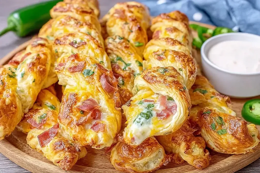 Freshly baked Jalapeno Popper Twists with golden puff pastry, melted cheese, bacon, and jalapeno slices served with dipping sauce.