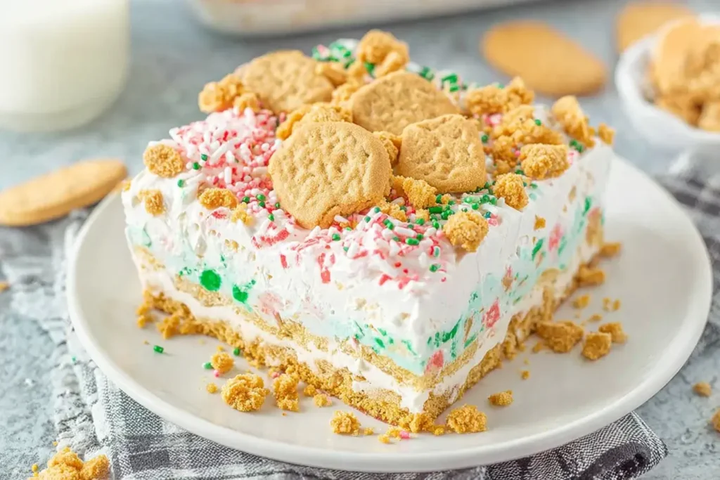 Slice of No Bake Christmas Cookie Lush topped with festive sprinkles and cookie pieces on a white plate.