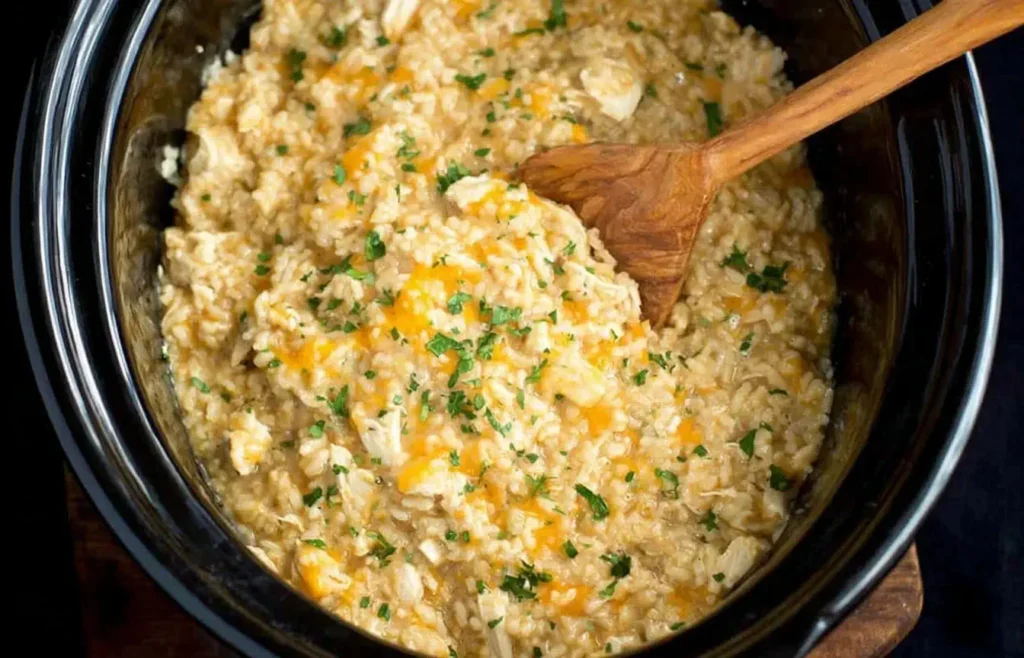 Creamy Crock Pot Chicken and Rice being stirred with a wooden spoon in a slow cooker
