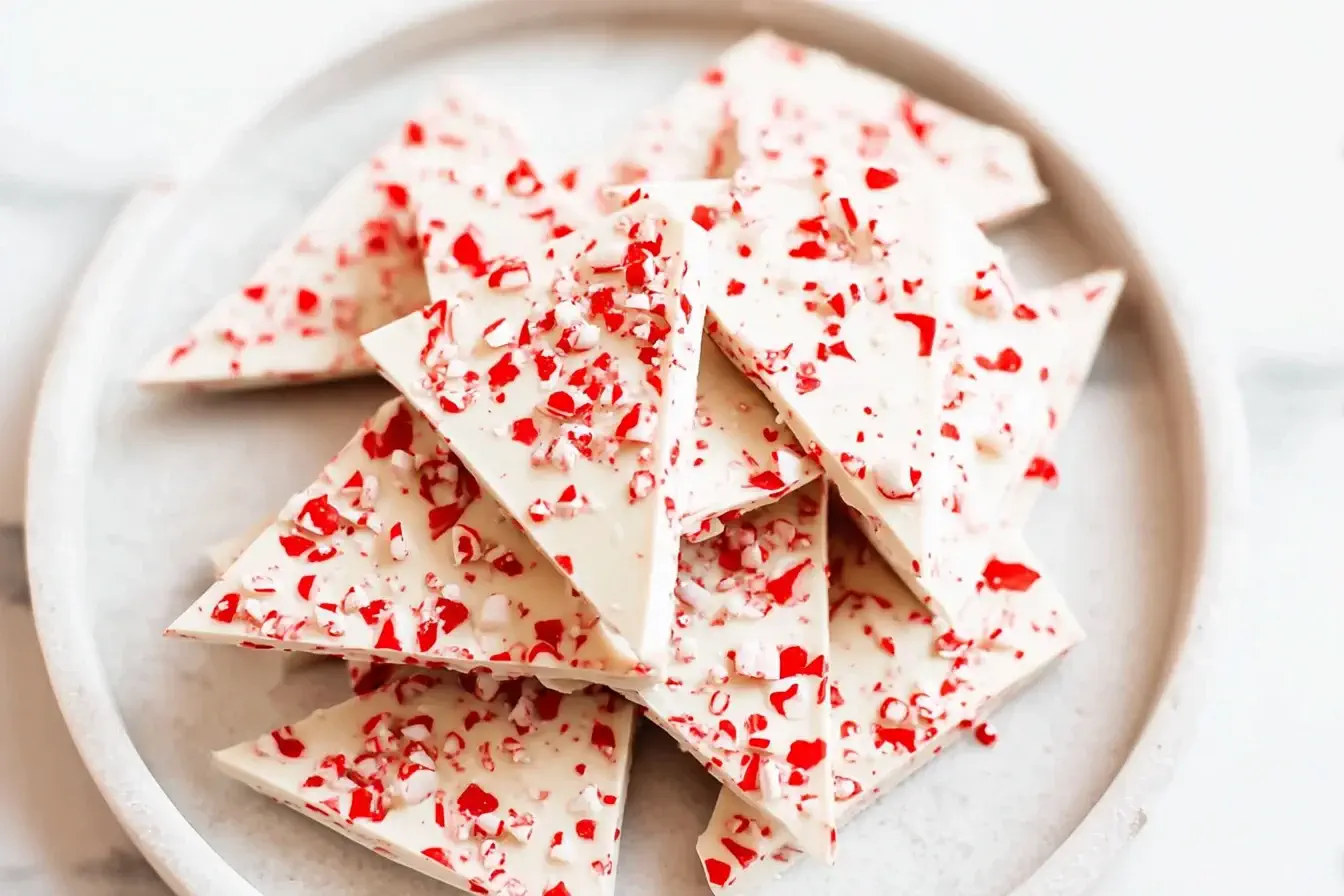Salted Peppermint Bark stacked on a plate with crushed peppermint pieces