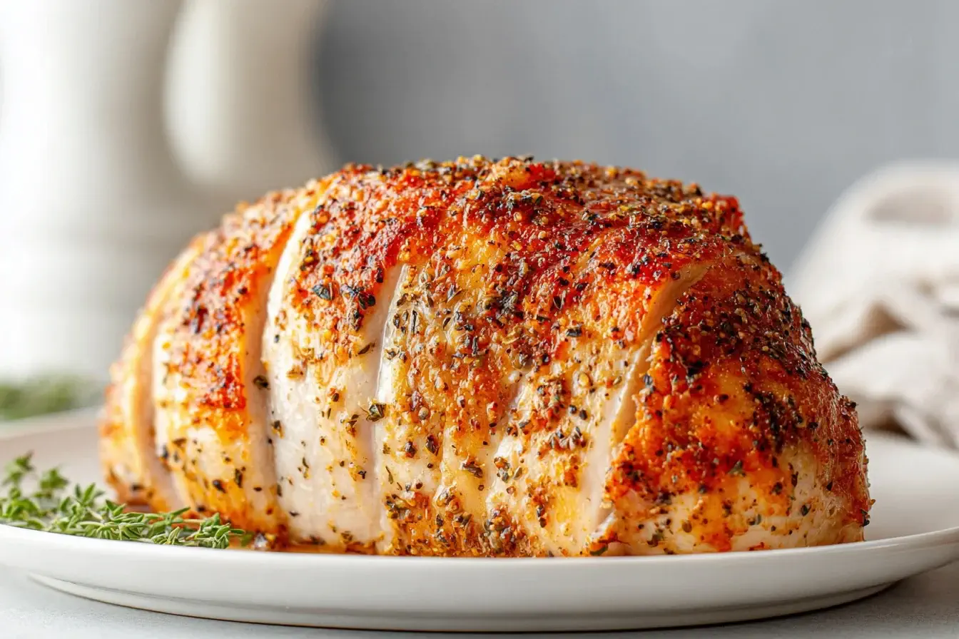 Perfectly seasoned Butterball Turkey Breast Roast Crock Pot cooked to tender, juicy perfection on a white plate.
