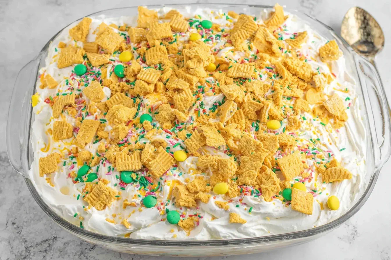 No Bake Christmas Cookie Lush topped with whipped cream, crushed cookies, sprinkles, and holiday candies in a glass baking dish.