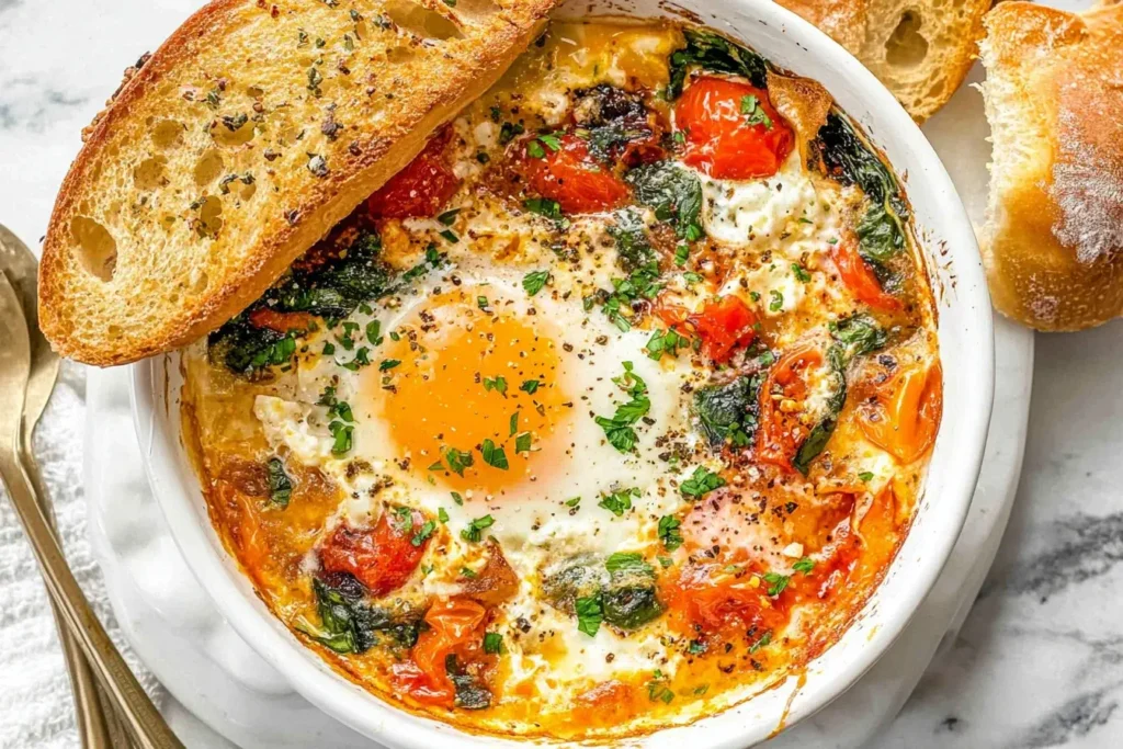 Baked Feta Eggs in a white dish with roasted tomatoes, spinach, herbs, and toasted bread on top.