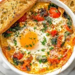 Baked Feta Eggs in a white dish with roasted tomatoes, spinach, herbs, and toasted bread on top.