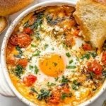 Baked Feta Eggs in a white dish topped with tomatoes, spinach, and herbs, served with crusty bread.