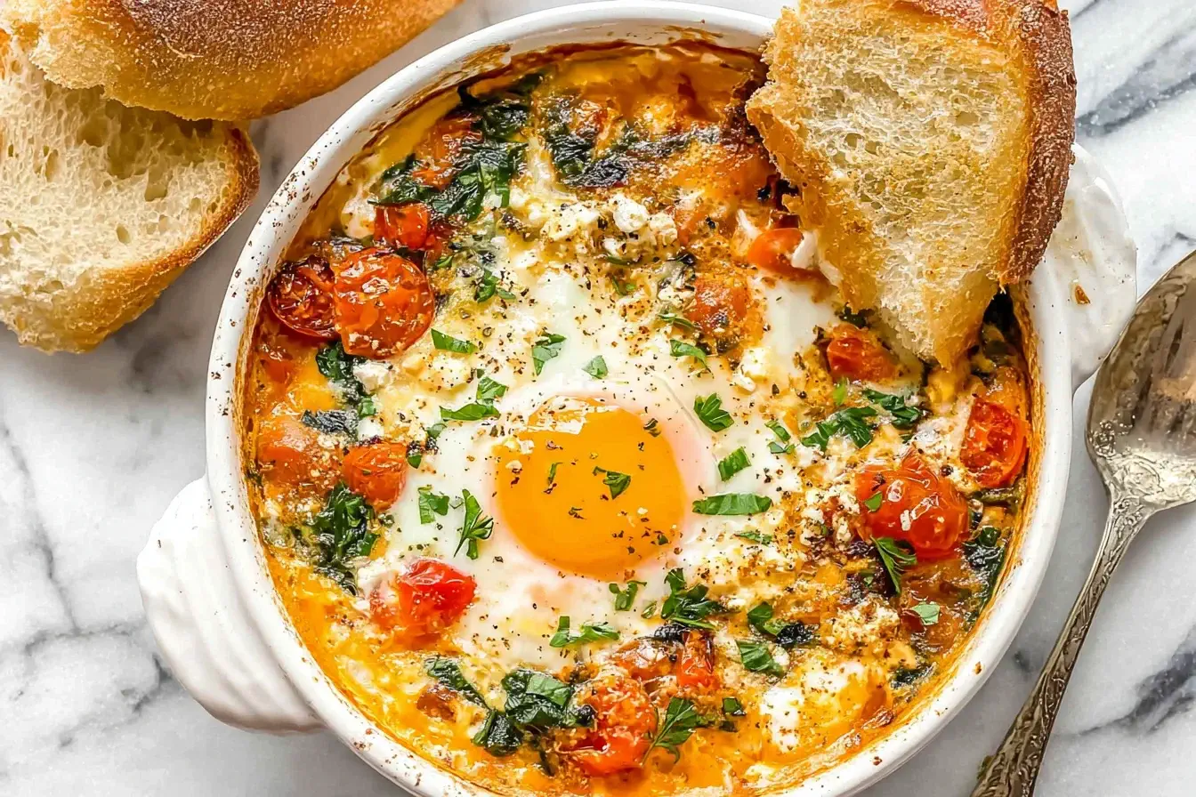 Baked Feta Eggs in a white dish topped with tomatoes, spinach, and herbs, served with crusty bread.