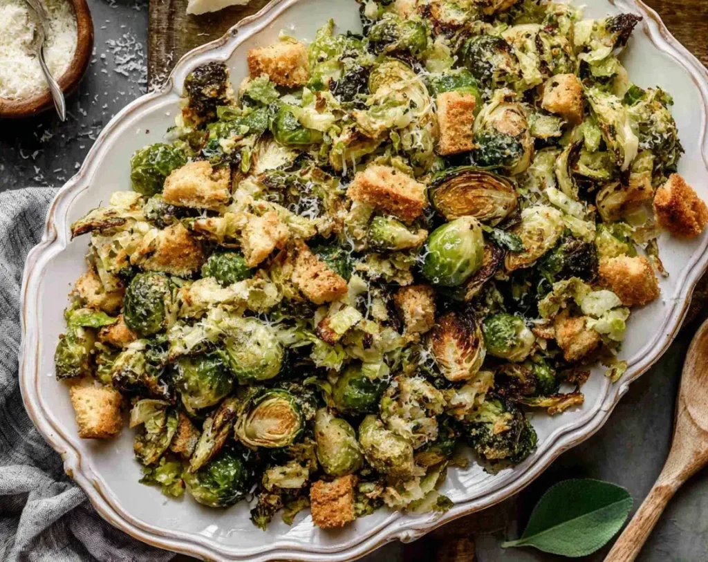 Roasted Brussels Sprouts Caesar Salad with Parmesan and crunchy homemade croutons served on a vintage white platter.