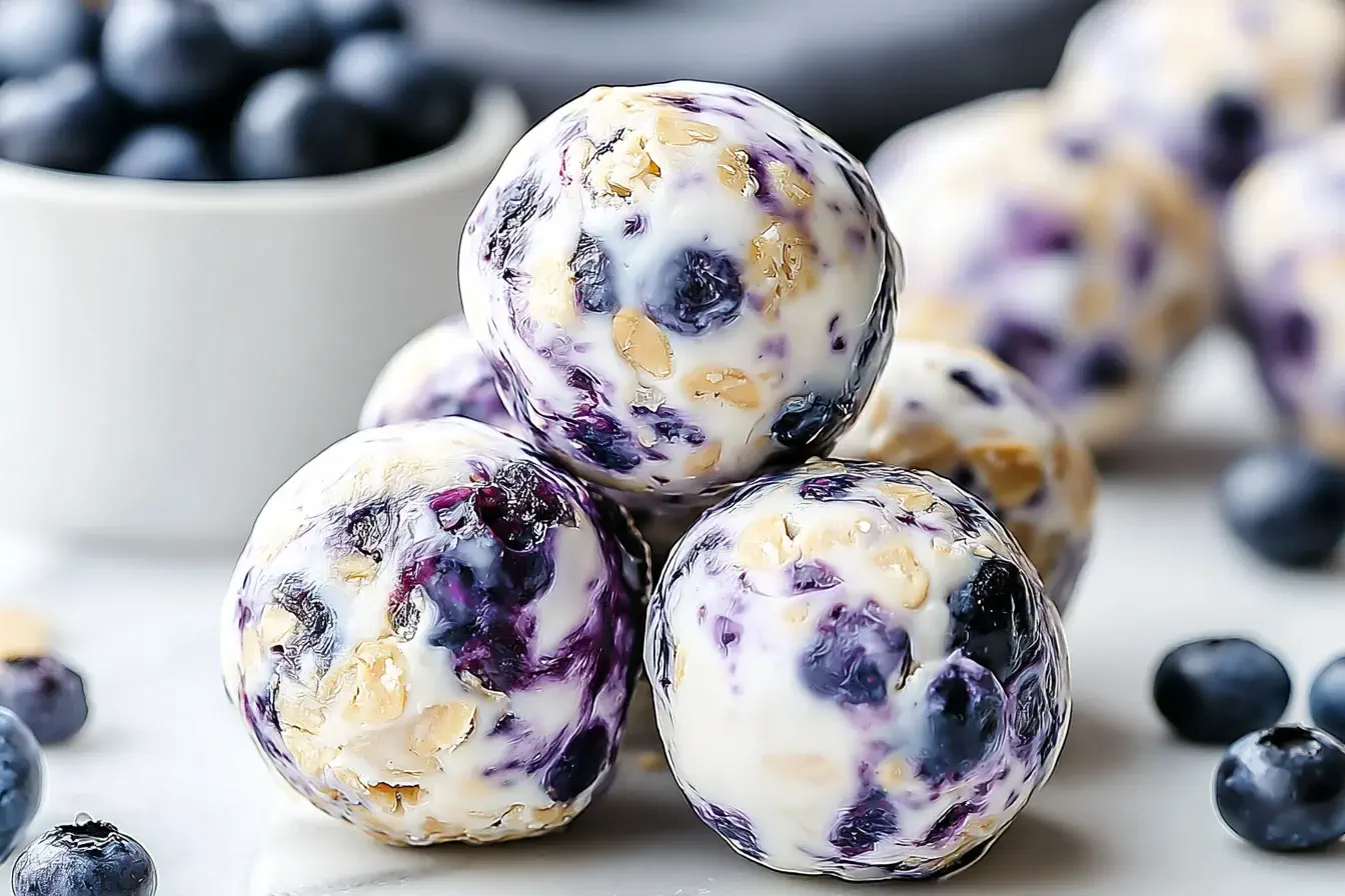 Close-up of Blueberry Cheesecake Protein Bites stacked together, showing creamy texture, oats, and fresh blueberries.