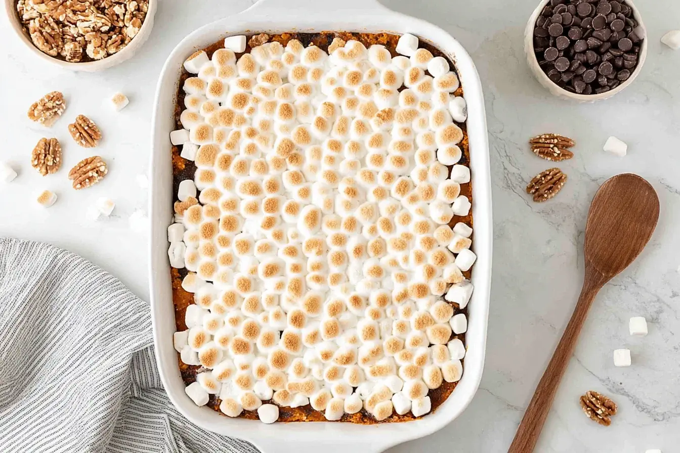 Golden-brown Sweet Potato Casserole with Marshmallows topped with toasted mini marshmallows in a white baking dish.