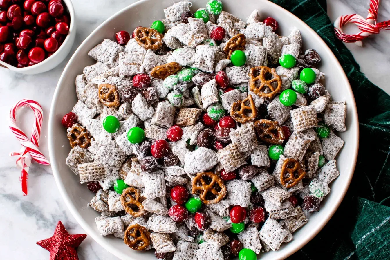 Festive bowl of Reindeer Food Recipe (Christmas Puppy Chow) with Chex cereal, pretzels, red and green M&Ms, and powdered sugar — a sweet holiday snack mix.