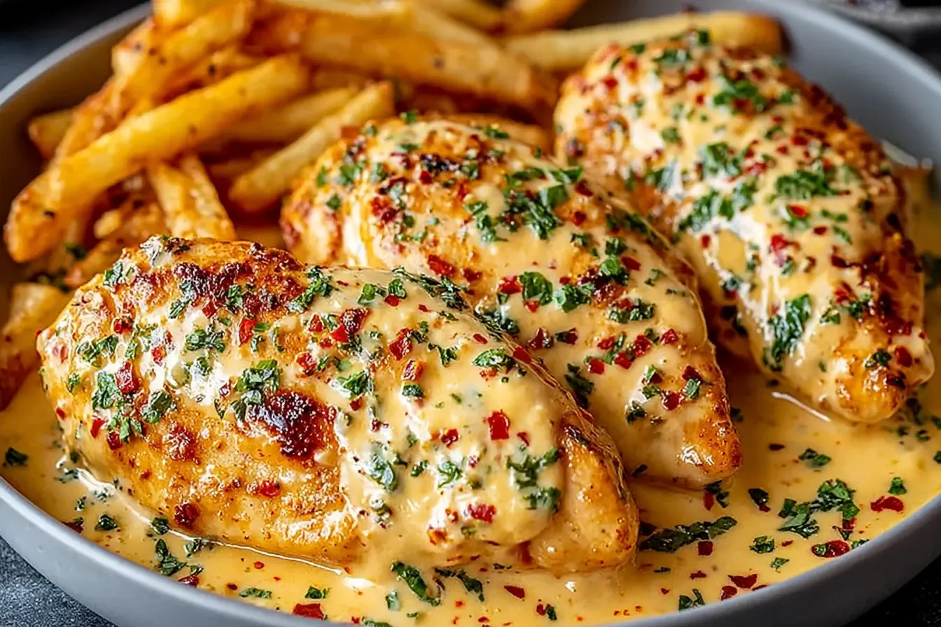 Chicken Fillet in Spicy Creamy Garlic Parmesan Sauce served with crispy fries, topped with fresh parsley and red pepper flakes.