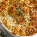 Creamy Scalloped Potatoes baked with golden cheese and fresh thyme in a casserole dish