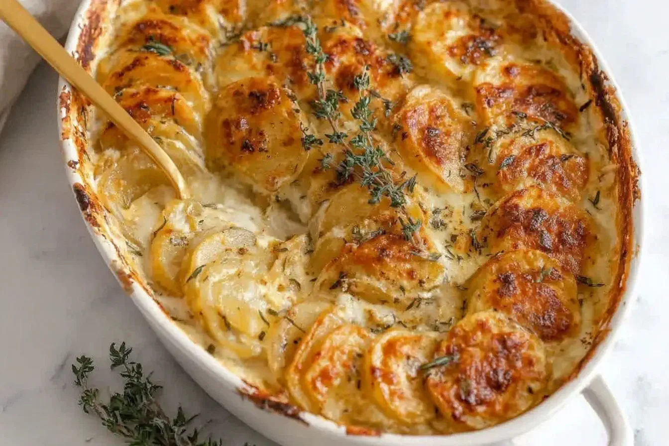 Creamy Scalloped Potatoes baked with golden cheese and fresh thyme in a casserole dish