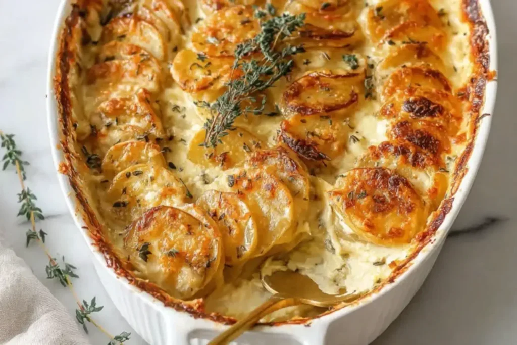 Creamy Scalloped Potatoes baked with cheese and herbs in a white casserole dish
