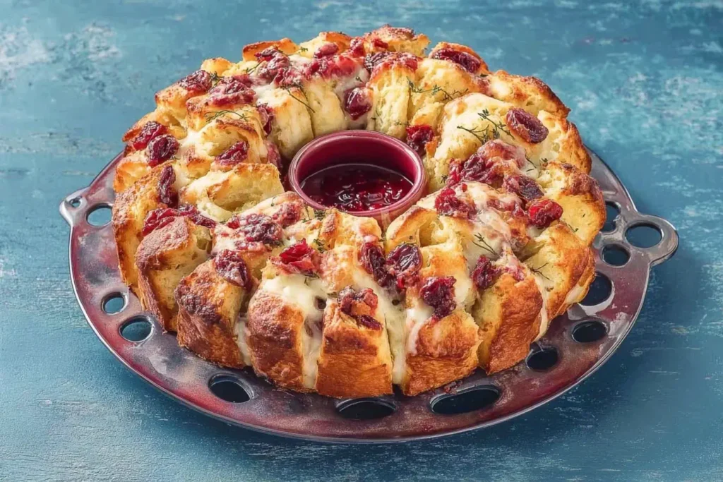 Cranberry and Brie Holiday Pull-Apart Bread served on a red platter, filled with melted Brie, cranberry sauce, and fresh herbs for a festive presentation.