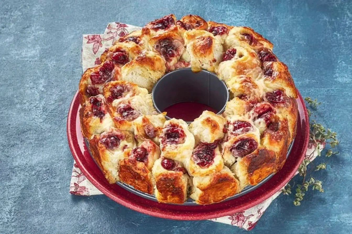 Cranberry and Brie Holiday Pull-Apart Bread baked in a Bundt pan with golden biscuit dough, melted Brie, and glistening cranberry sauce.
