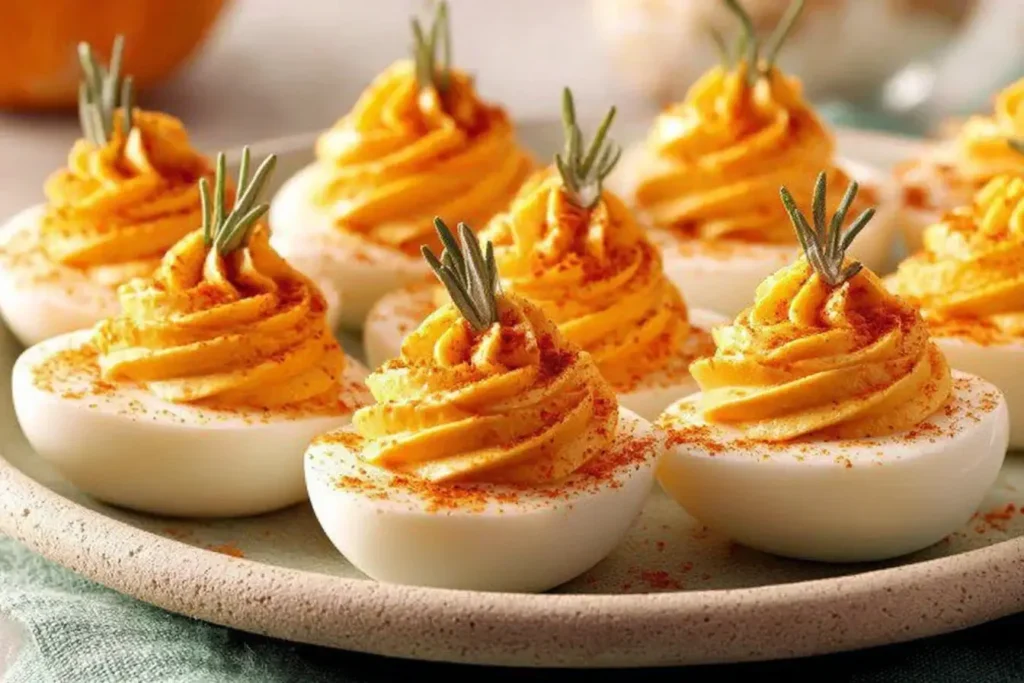 Pumpkin Patch Deviled Eggs topped with paprika and chive stems, arranged on a platter for a festive fall appetizer.