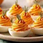 Pumpkin Patch Deviled Eggs topped with paprika and chive stems, arranged on a platter for a festive fall appetizer.
