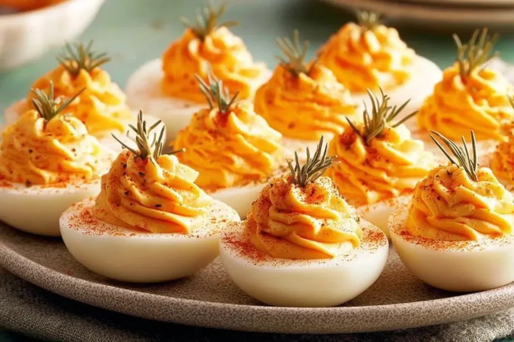 Pumpkin Patch Deviled Eggs with paprika and chive stems, arranged neatly on a platter for a festive and creamy fall appetizer.
