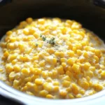 Slow Cooker Creamed Corn cooking in a crockpot with creamy sauce and herbs.