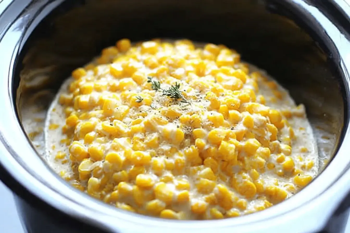 Slow Cooker Creamed Corn cooking in a crockpot with creamy sauce and herbs.