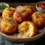 Baked Arancini with melted mozzarella filling and crispy golden coating, served with marinara sauce and fresh parsley