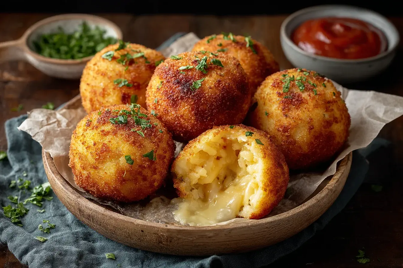Baked Arancini with melted mozzarella filling and crispy golden coating, served with marinara sauce and fresh parsley
